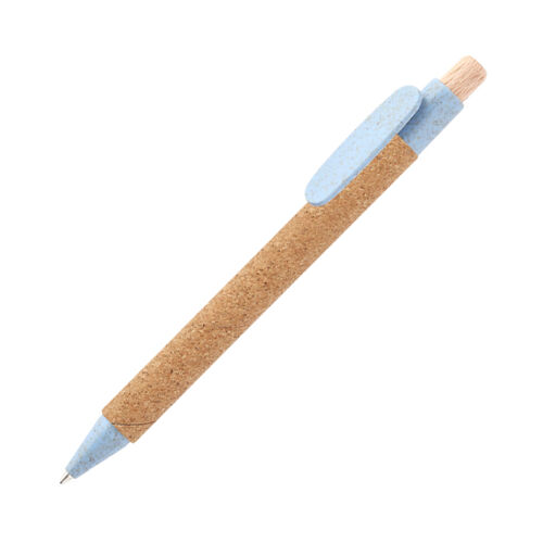 BOLIGRAFO RETRACTIL FABRICADO EN CORCHO, CLIP EN FIBRA DE TRIGO Y BOTON DE MADERA Miniatura