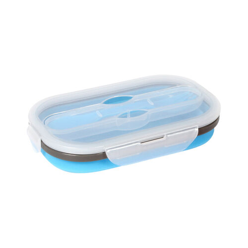 CONTENEDOR DE ALIMENTOS PLEGABLE FABRICADO EN SILICON CON CUBIERTOS COLOR AZUL Miniatura