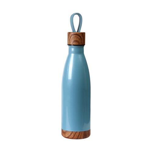 TERMO DE ACERO INOXIDABLE DE 500ML CON CORREA DE TPR Y DETALLES APARIENCIA MADERA COLOR AZUL Miniatura